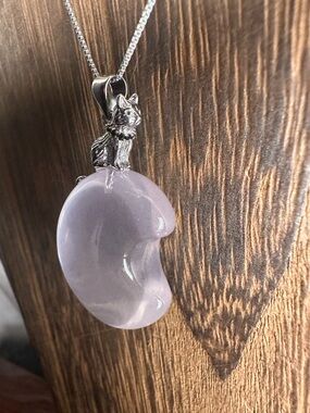 Light Rose Quartz Moon and Sterling Silver Cat Pendant Necklace on Silver Chain